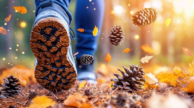 Hiking boots crunching autumn leaves and pine cones