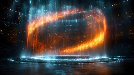 A swirling, fiery-blue energy ring, seemingly water-based, floats above a circular platform in a dark, futuristic cityscape