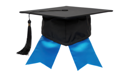 Black graduation cap with blue ribbons isolated on white background