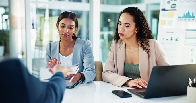 Business, discussion and people with documents in meeting to assess financial performance, forecasting or planning. Finance manager, teamwork or stats report for timeline review or cash flow analysis