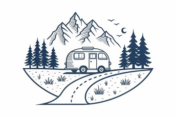 Silhouette camper van on mountain travel vintage logo design. Forest camp vacation summertime. Simple line art travel business logo concept.