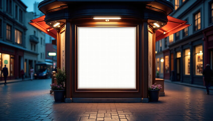 Illuminated Blank Advertisement Kiosk on a Twilight City Street, Mockup for Branding