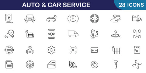 Auto service, car repair icon set. Car, automobile, wash, shop, oil, diagnostic, engine, repair and tire collection. Set of 28 auto service and garage web icons in line style. Vector illustration.