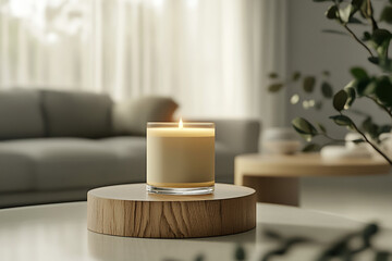 A clear glass candle holder with a thick, unlit candle inside, featuring a blank label ready for branding or personalization.