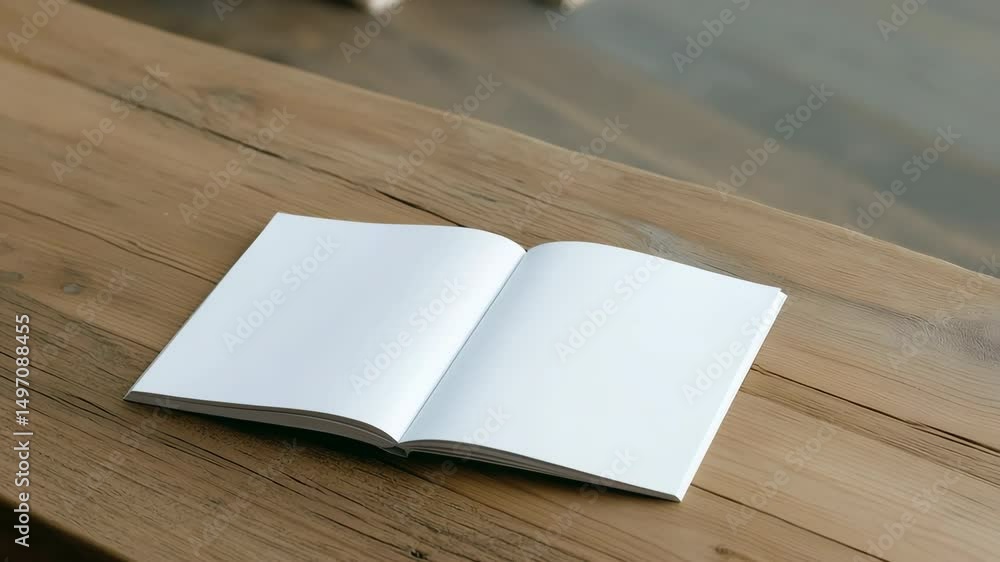 Poster a book is open on a wooden table. the book is white and has no writing on it. the table is made of w