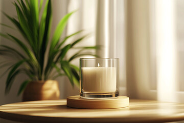 A clear glass candle holder with a thick, unlit candle inside, featuring a blank label ready for branding or personalization.