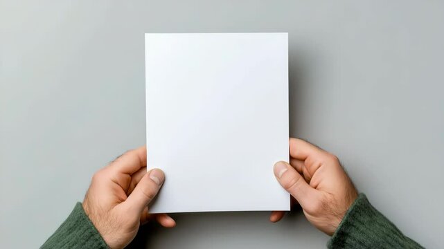 A person is holding a white piece of paper. The paper is blank and has no writing on it. The person is holding the paper in their hand, and it is a small square