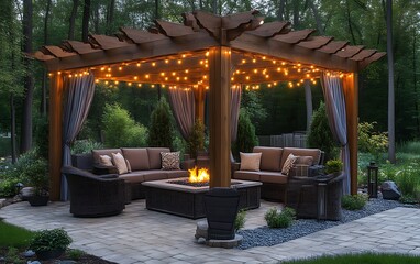 Obraz premium Illuminated pergola with fire pit and seating area.