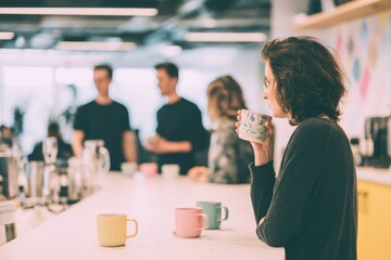 In a bright office kitchen with soft lighting Workers are chatting while sipping tea from colorful mugs The mood is calm and friendly