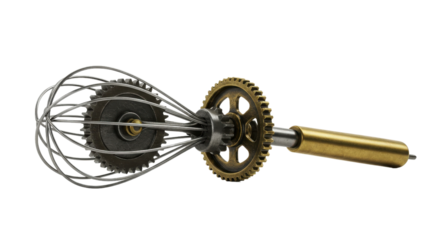 Mechanical egg beater with exposed gears isolated on white background