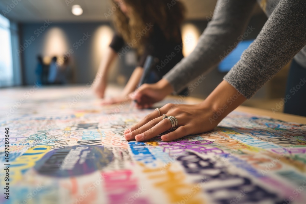 Poster people collaborating on colorful graffiti art project, symbolizing teamwork and creative expression 