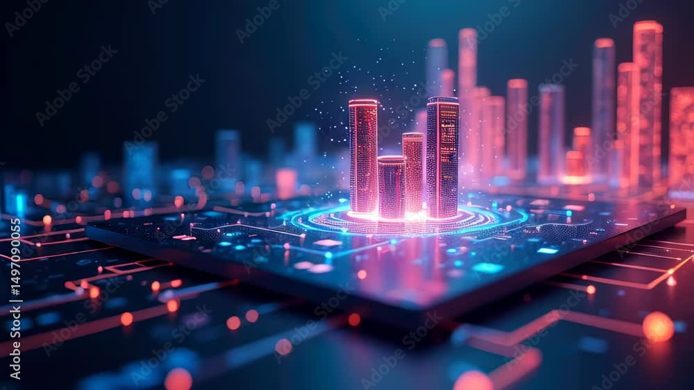 Poster futuristic cityscape. digital concept. neon lights. technology visualization. circuit board. blue re