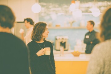 In a bright office kitchen with soft lighting Workers are chatting while sipping tea from colorful mugs The mood is calm and friendly