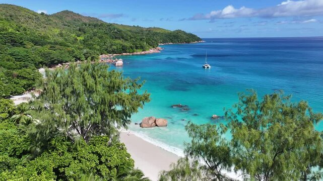 Anse Lazio In Praslin Island Victoria Seychelles. Turquoise Ocean Waves Gently Crashing On Tropical Beach. Paradise Landscape Peaceful Stunning. Peaceful. Praslin Island Victoria.