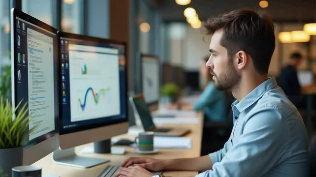 Focused Businessman Analyzing Financial Charts on Desktop Monitor