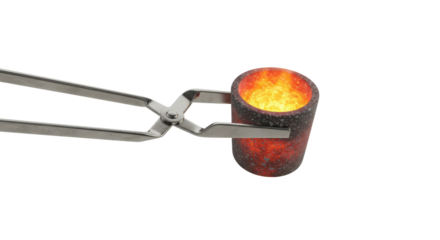 Metal crucible with molten metal held by crucible tongs isolated PNG with Transparent Background