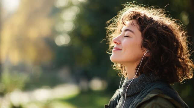 Side view of smiling woman enjoying serene park vibes through music and stillness..