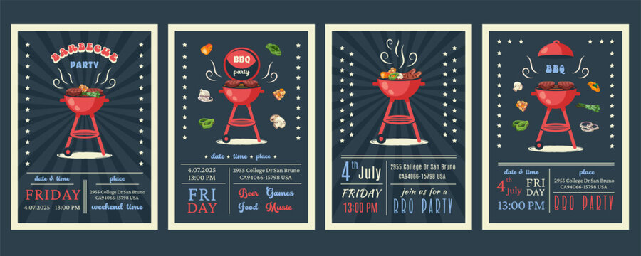 Set of Bbq Celebration posters. 4th of July BBQ Party. Independence Day. Holiday cards with national American symbols. Barbecue grill. Summer picnic. Vector illustration with steaks and vegetables