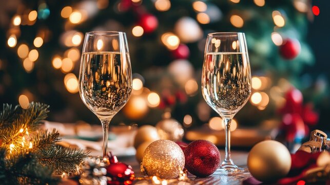 Two glasses of sparkling wine festive christmas celebration