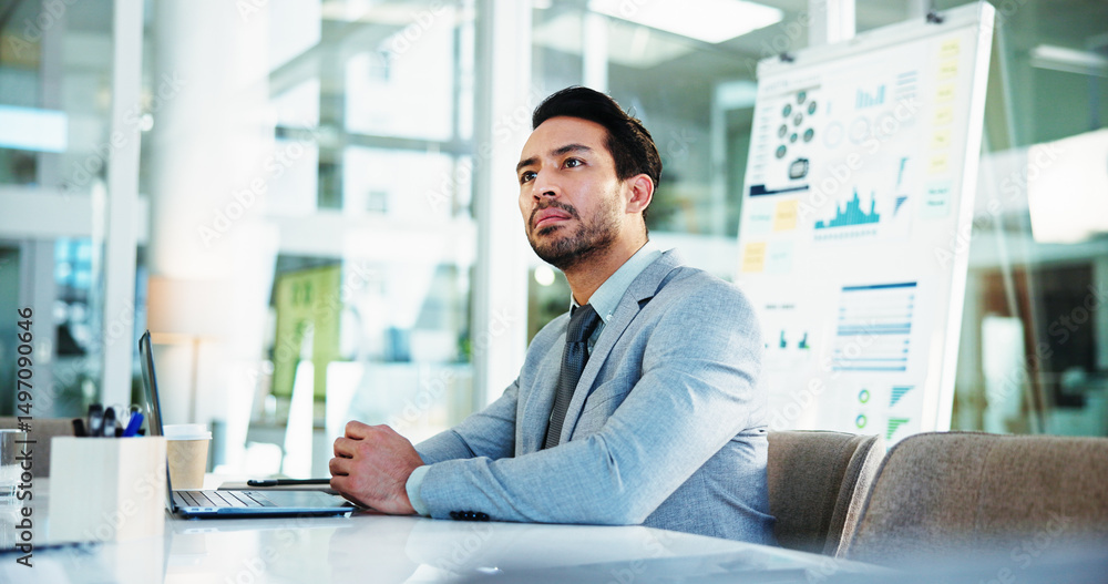 Aufkleber man, thinking and finance at office with laptop for insight, solution and decision for review at com