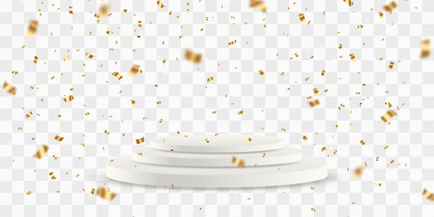 Vector 3d podium with falling golden bright confetti. Empty stage or pedestal isolated on png background. Podium or platform for award ceremony, product presentation. Vector illustration