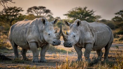Fototapeta premium Two Rhinoceroses Facing Each Other in Natural Wildlife Habitat