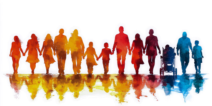 Diverse family silhouettes in colorful watercolor standing in unity