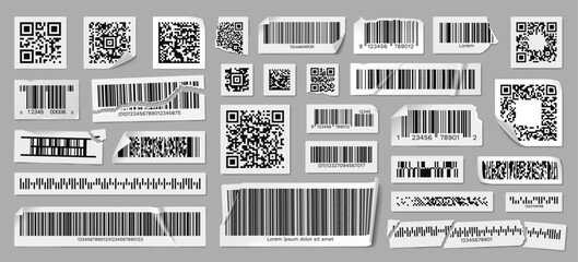 Damaged barcodes, crumpled QR code labels, product ID stickers with torn edges. Serial number badges, inventory barcode with peeling corner, pricing tags, ripped off package tracking codes vector set