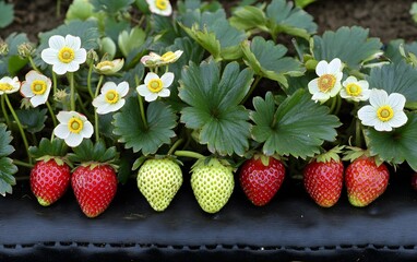 Vibrant Strawberry Plants Blooming with White Flowers and Red Berries