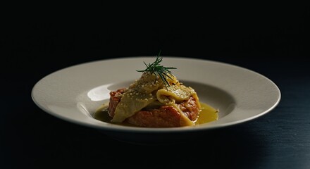 A plate of food with a yellow sauce and a garnish of parsley