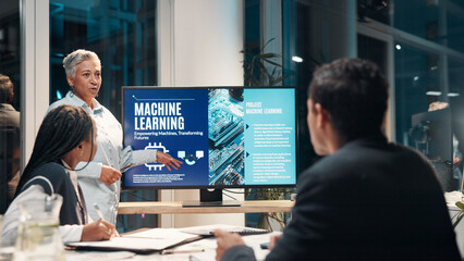 Business woman, screen and presentation for machine learning, ai or training in workshop office....