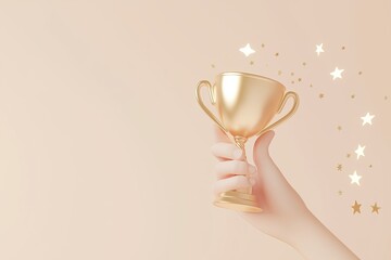 3d minimalistic winner's trophy.  Champion shiny gold cup, winner's award. 3d rendering illustration.