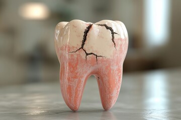 3D model of a single tooth with cracks and damage on a white background