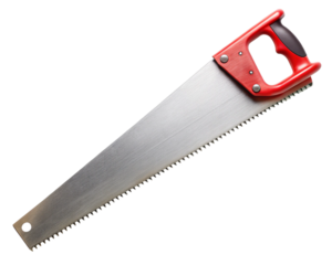 hand saw red handle woodworking tool isolated white background
