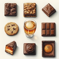Illustrations of various desserts, cakes and cookies on a clean white background, minimalistic style, isolated objects on a white background