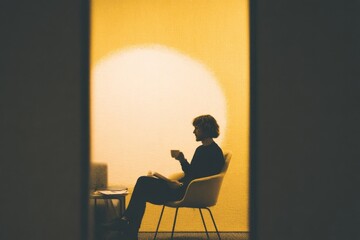 In a cozy office nook with soft lighting A worker is sitting alone, sipping tea and reading through a report The mood is quiet and thoughtful