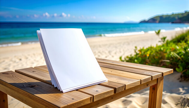 Blank Paper Mockup on Wooden Table at Tropical Beach