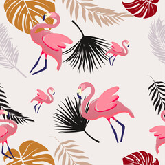 seamless pattern with birds and flowers Tropical flamingos and palm leaves on a light background — a playful summer vibe.