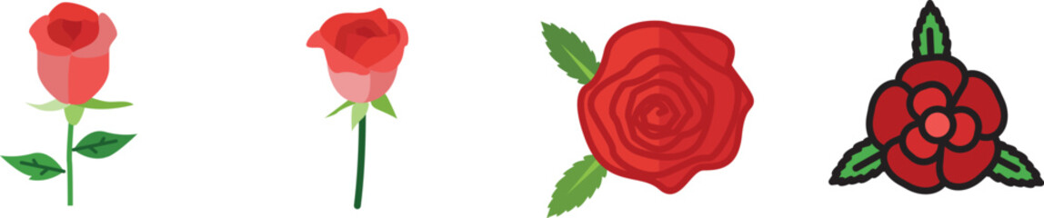 Rose icon set in flat style. Set of roses with leaves