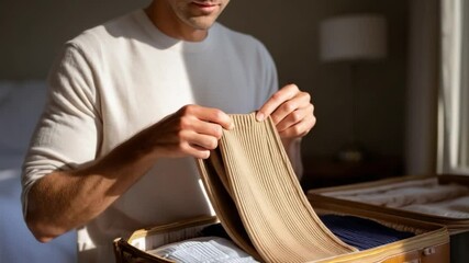 Man carefully folding beige pleated trousers into suitcase