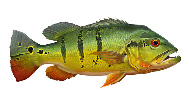 Detailed Peacock Bass Illustration with Green and Yellow Scales and Red Accents