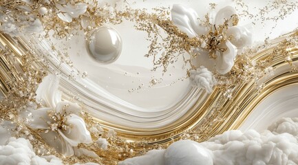 Abstract artwork featuring swirling gold and white liquid forms, interspersed with pearl-like spheres and stylized blossoms