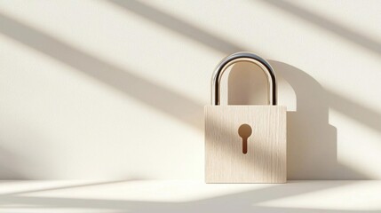 Wooden padlock with a keyhole in the center. the padlock is made of light-colored wood and has a shiny metal handle. it is placed on a white surface with a shadow cast on the right side of the image.