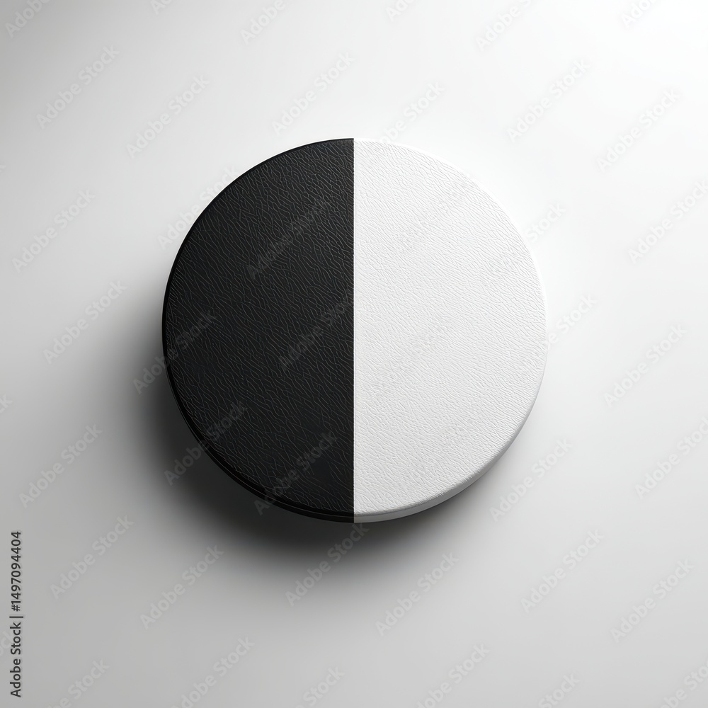 Poster a round object split evenly into black and white halves on a plain background, symbolizing contrast 