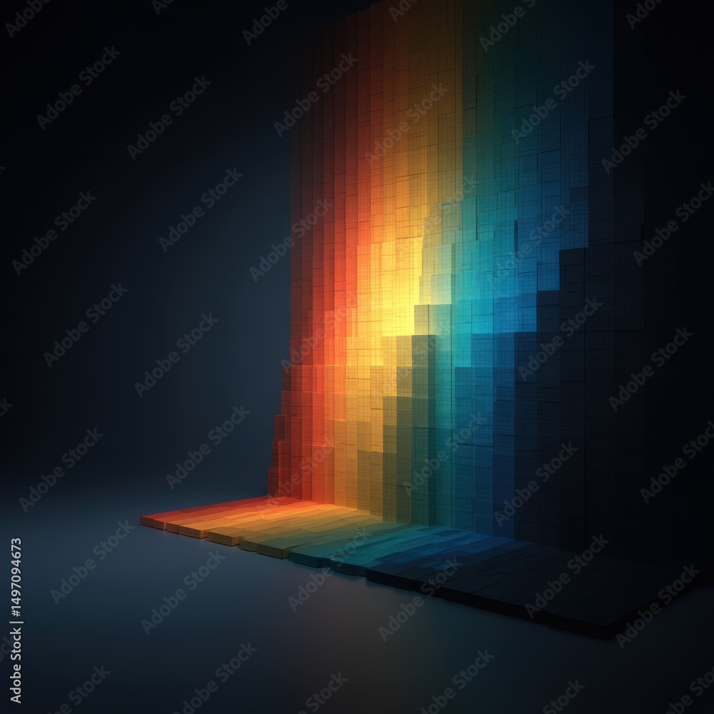 Poster a vibrant gradient of colored blocks forms a 3d abstract wall and floor pattern, illuminated in a da
