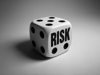 A white die with the word "RISK" replaces one face, symbolizing chance, uncertainty, and decision-making.