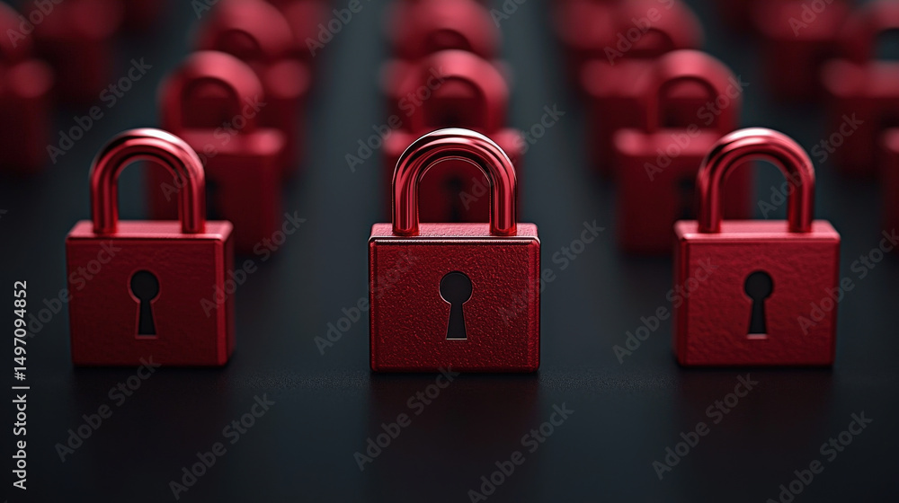 Poster red padlocks are arranged in neat rows on dark surface, symbolizing security and protection. focus o