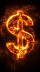Fiery dollar sign engulfed in swirling flames against a dark background
