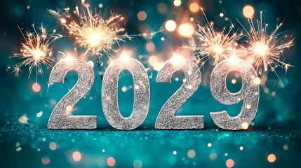 Sparkling 2029 New Year Celebration with Silver Numerals, Festive Fireworks and Defocused Lights