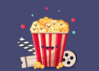 popcorn bucket. Popcorn at the cinema. Fun movie watching. Cartoon Popcorn Smiling Faces